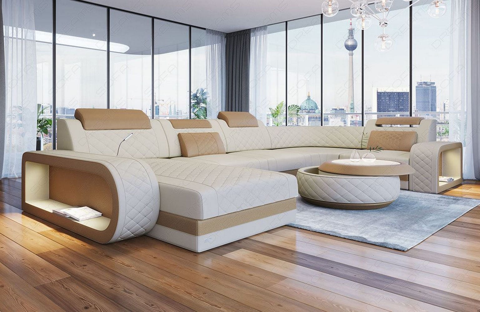 Stoff Wohnlandschaft Berlin U-Form Elfenbein-Sandbeige