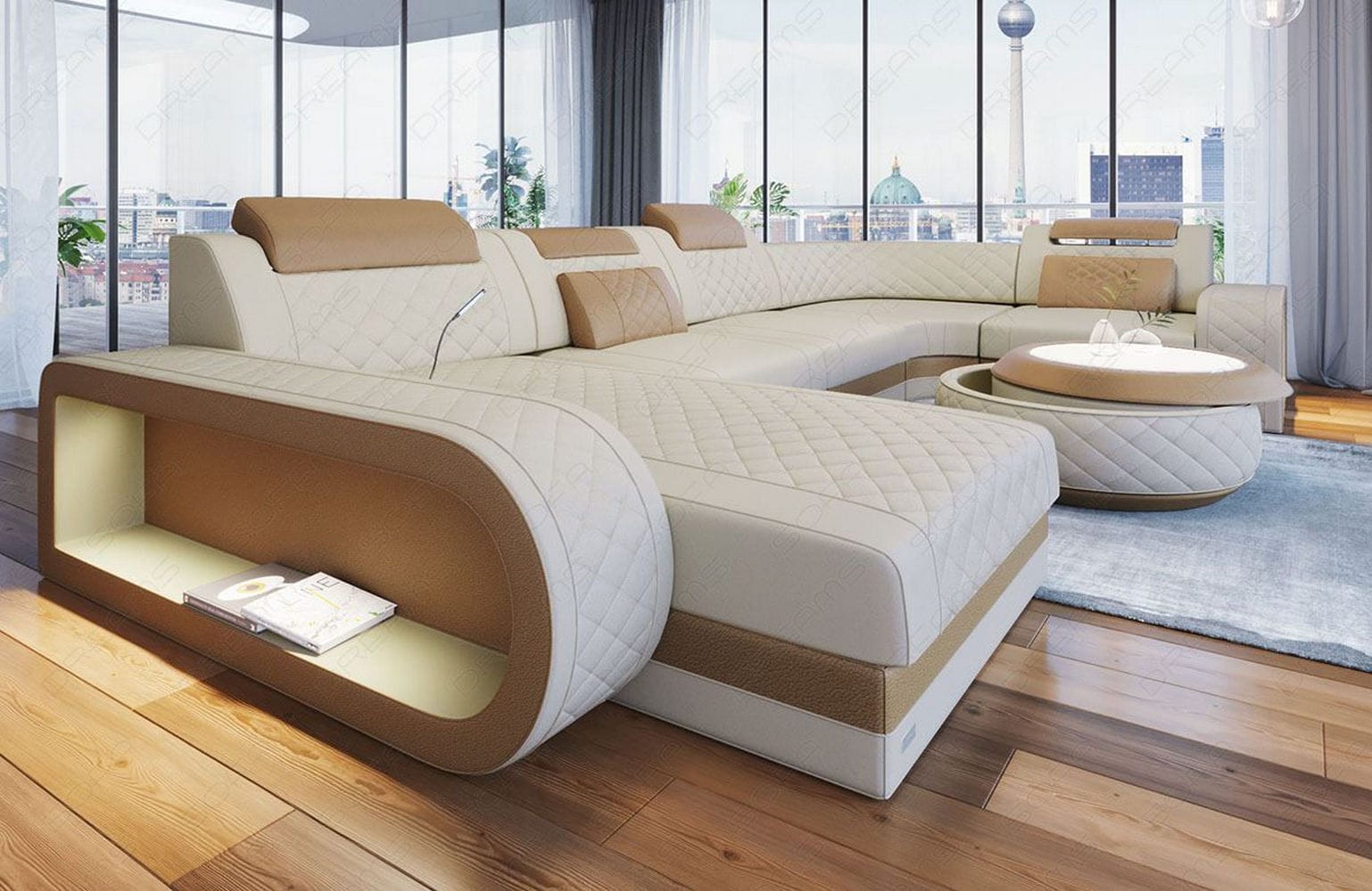 Stoff Wohnlandschaft Berlin U-Form Elfenbein-Sandbeige