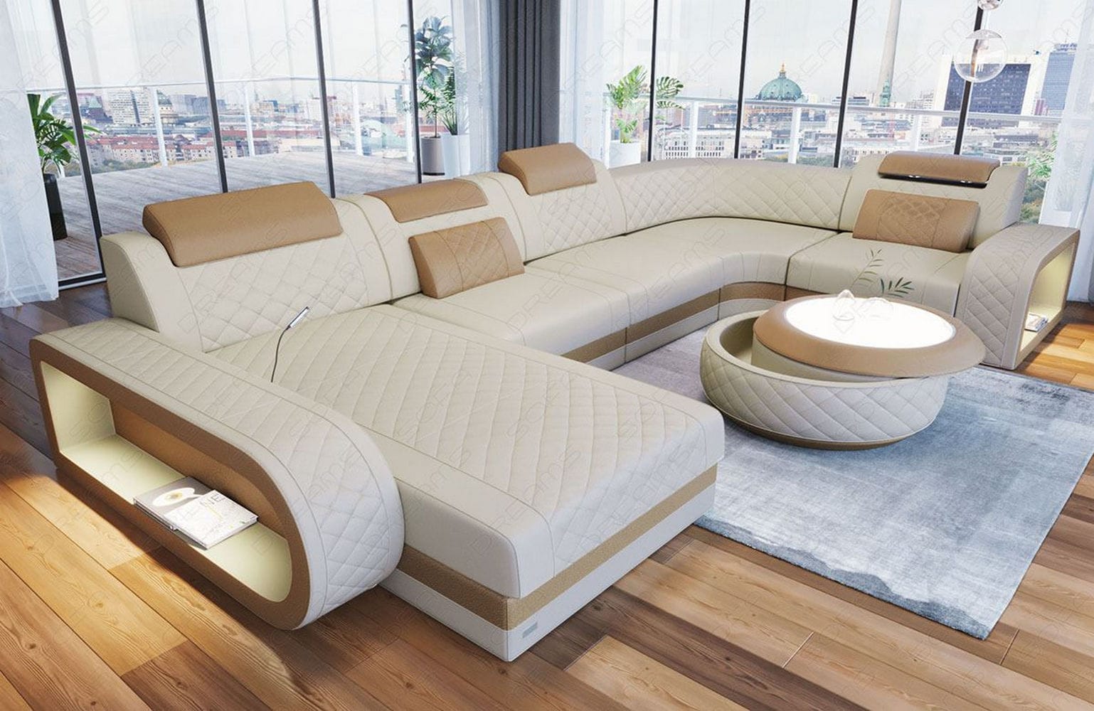 Stoff Wohnlandschaft Berlin U-Form Elfenbein-Sandbeige