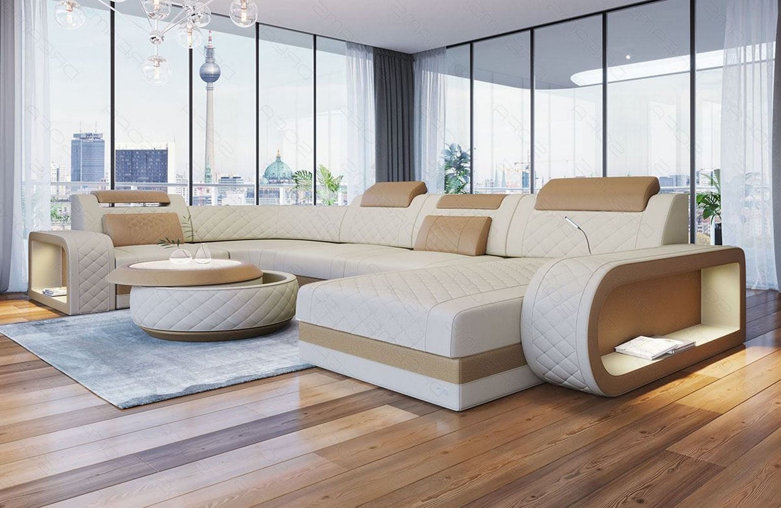 Stoff Wohnlandschaft Berlin U-Form Elfenbein-Sandbeige