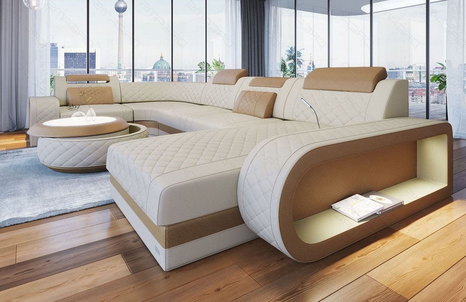 Stoff Wohnlandschaft Berlin U-Form Elfenbein-Sandbeige