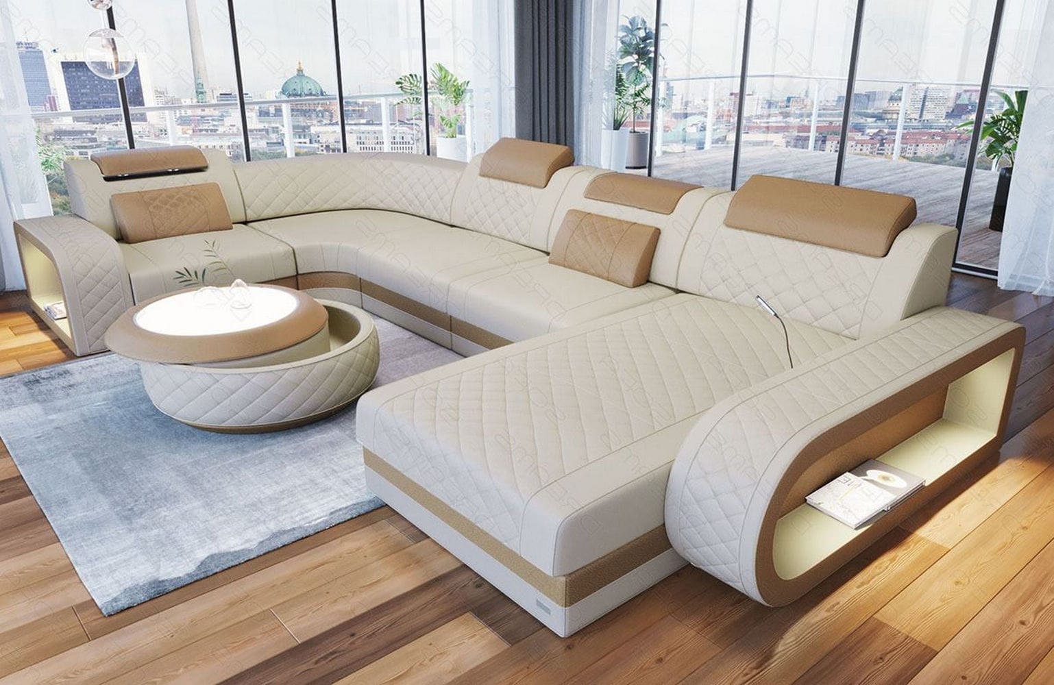 Stoff Wohnlandschaft Berlin U-Form Elfenbein-Sandbeige