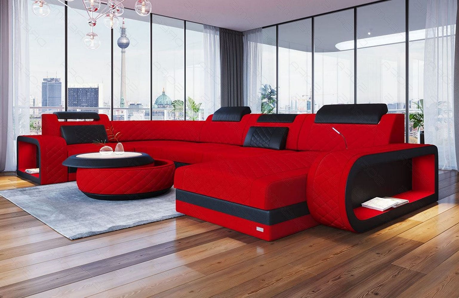 Stoff Wohnlandschaft Berlin U-Form Rot-Schwarz