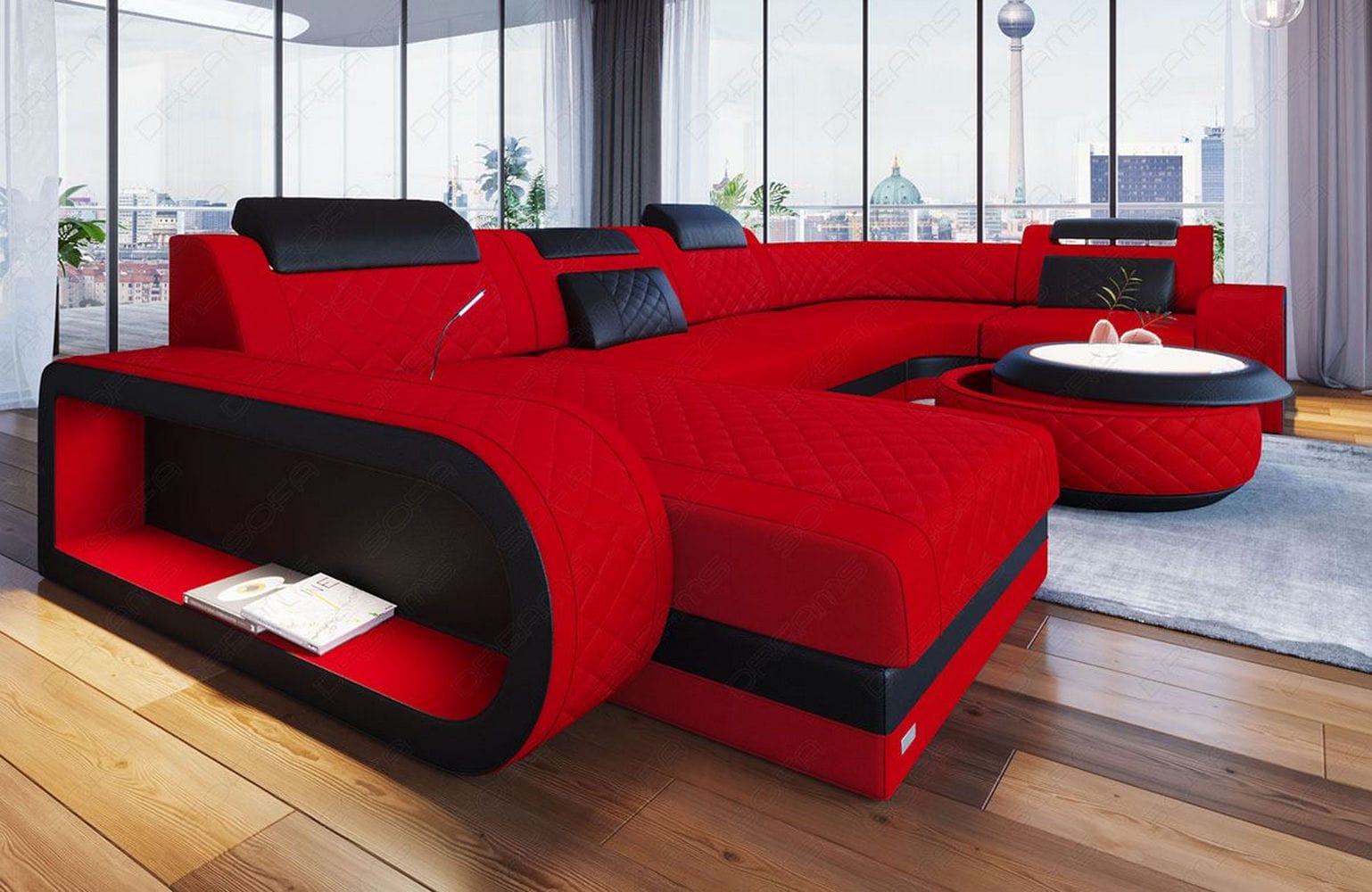Stoff Wohnlandschaft Berlin U-Form Rot-Schwarz