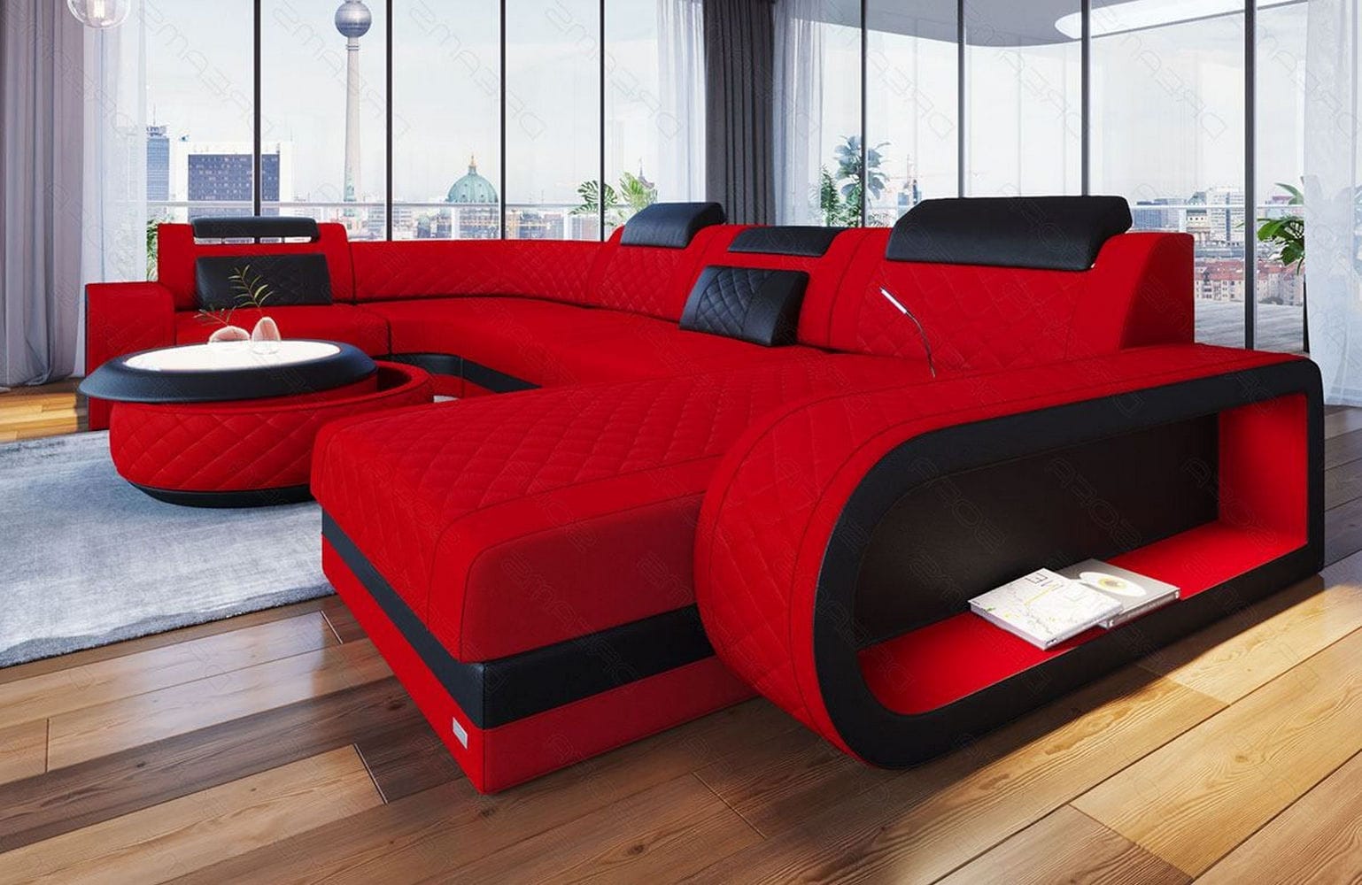 Stoff Wohnlandschaft Berlin U-Form Rot-Schwarz