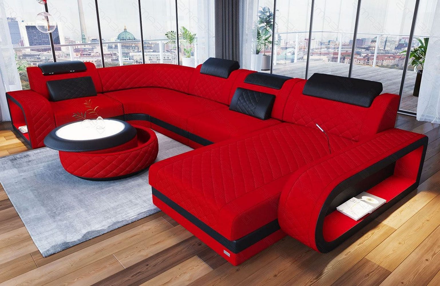 Stoff Wohnlandschaft Berlin U-Form Rot-Schwarz