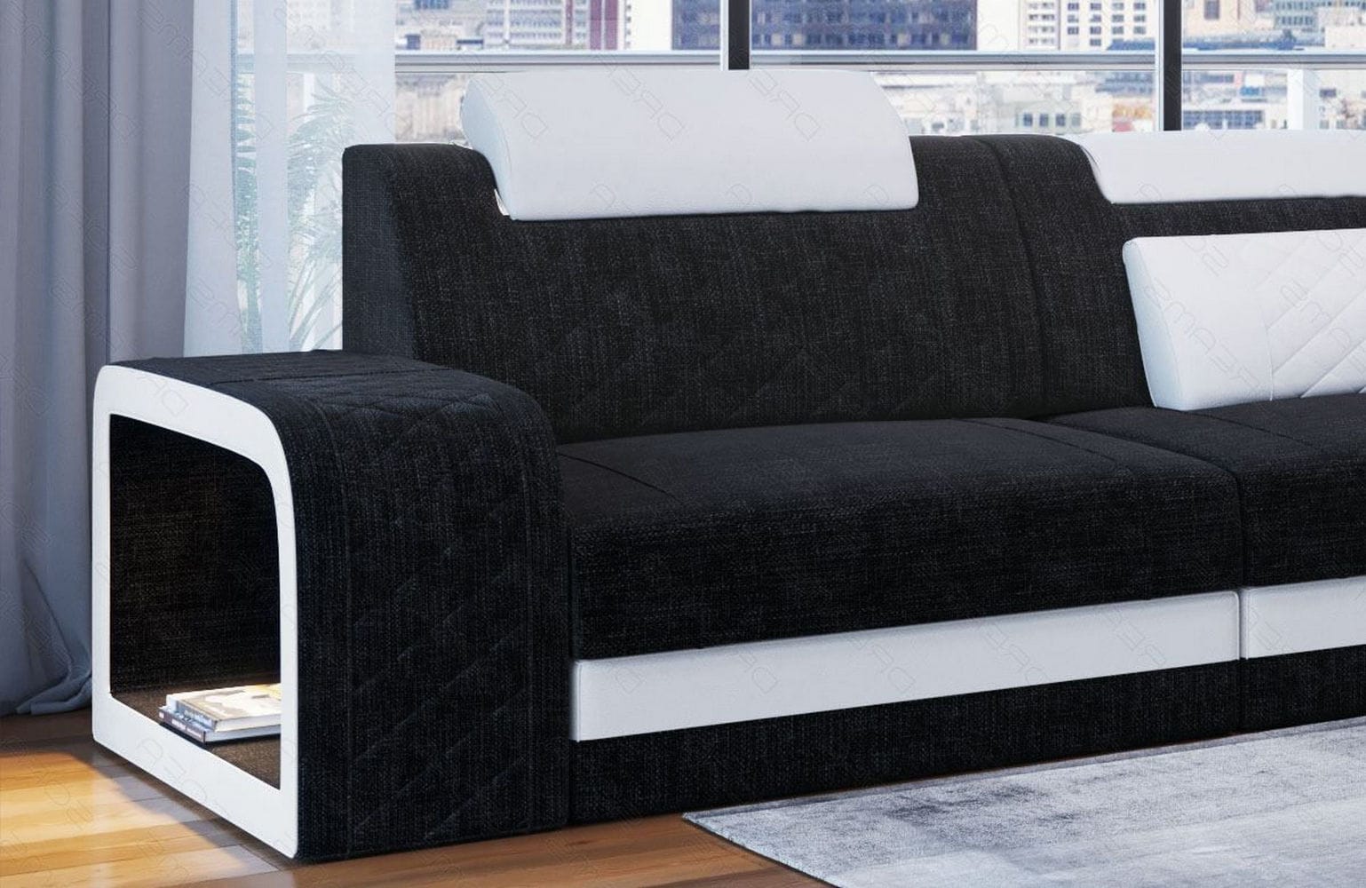 Stoffsofa Berlin L-Form Dunkelgrau-Weiß