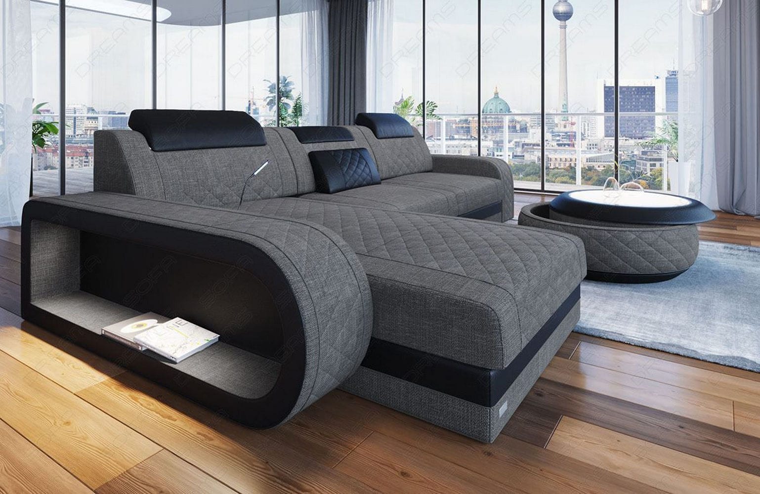 Stoff Ecksofa Berlin L Form grau-schwarz