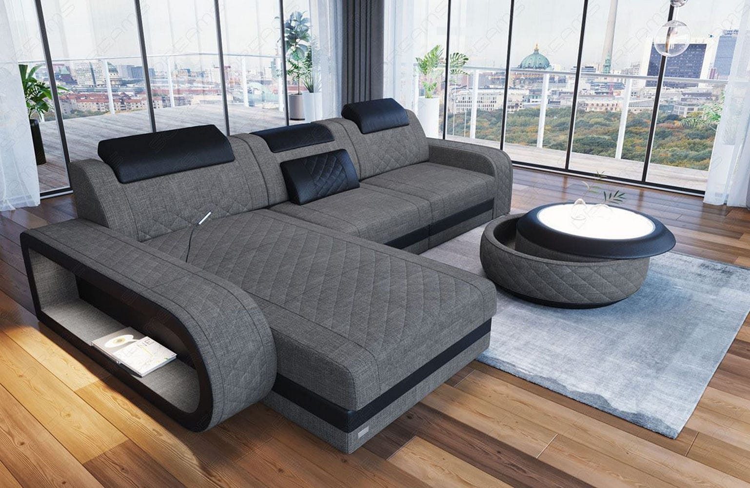 Stoff Ecksofa Berlin L Form grau-schwarz