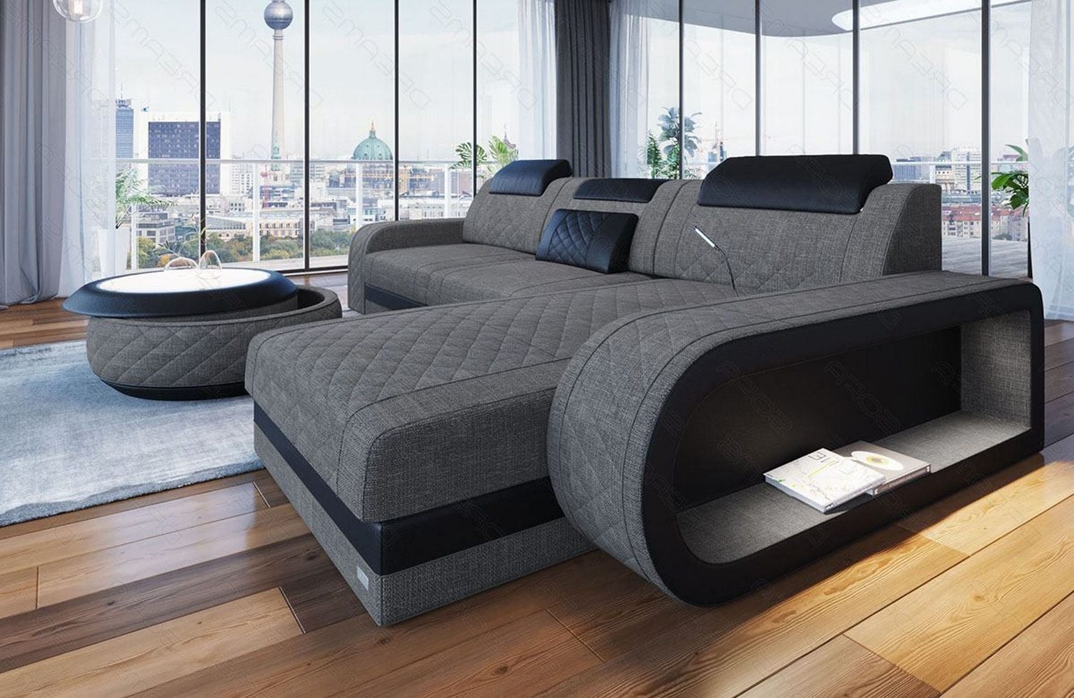 Stoffsofa Berlin L-Form Grau-Schwarz