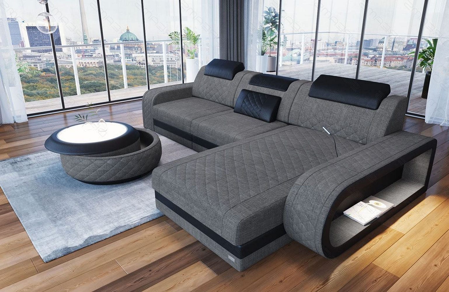 Stoffsofa Berlin L-Form Grau-Schwarz