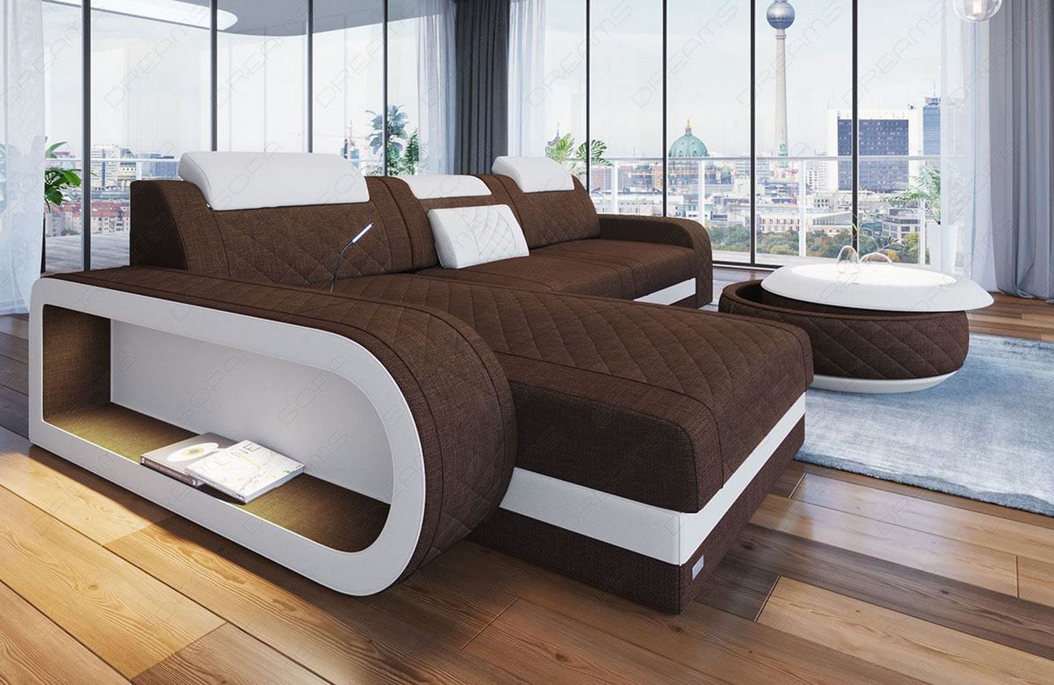 Stoffsofa Berlin L-Form Braun-Weiß