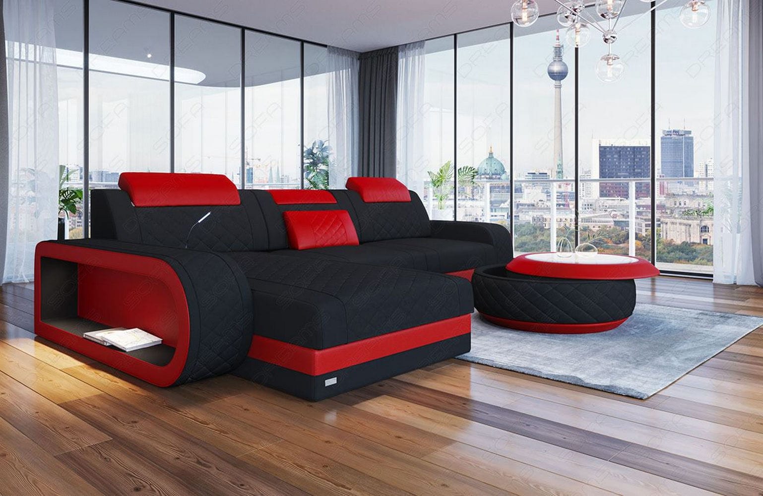 Stoffsofa Berlin L-Form Schwarz-Rot