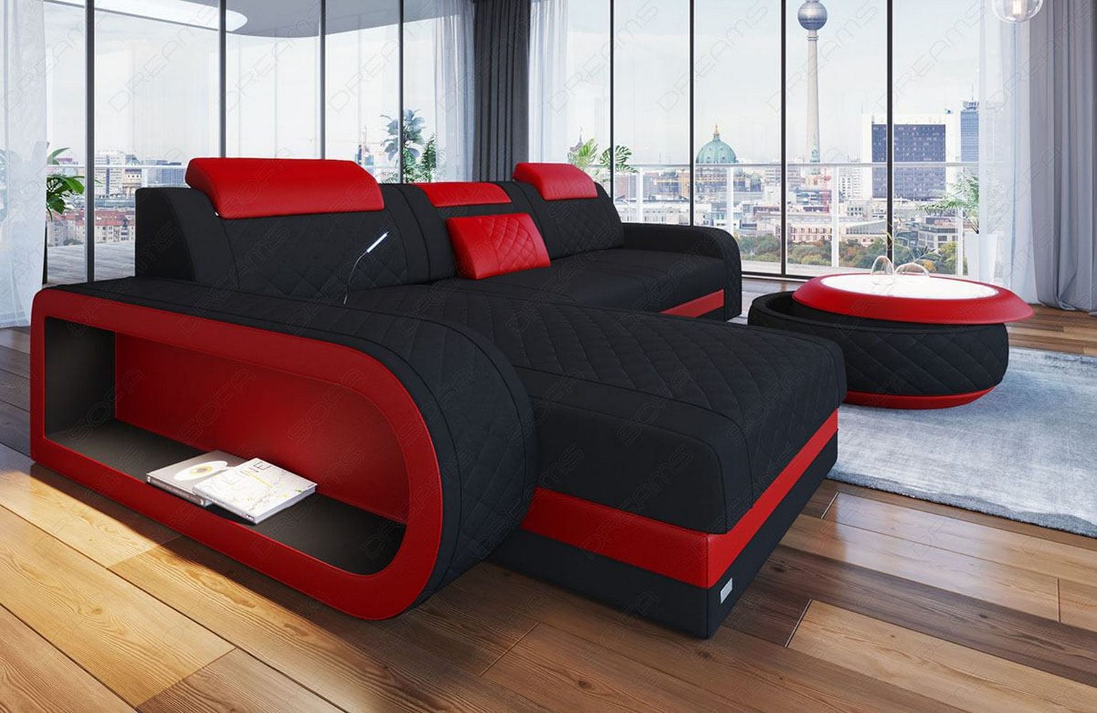 Stoffsofa Berlin L-Form Schwarz-Rot