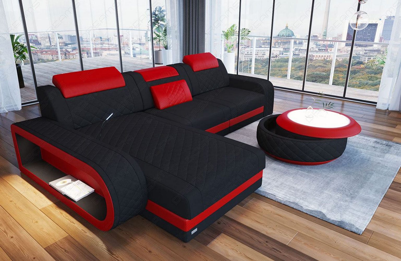 Stoffsofa Berlin L-Form Schwarz-Rot