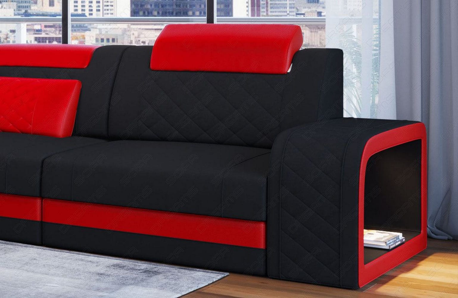 Stoffsofa Berlin L-Form Schwarz-Rot