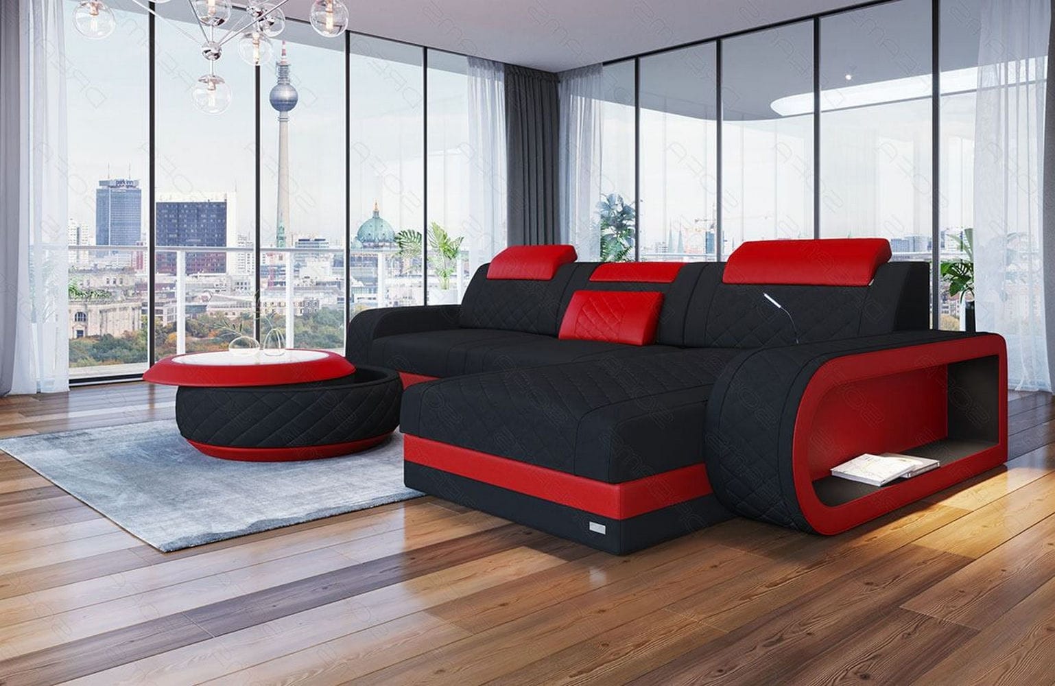 Stoffsofa Berlin L-Form Schwarz-Rot