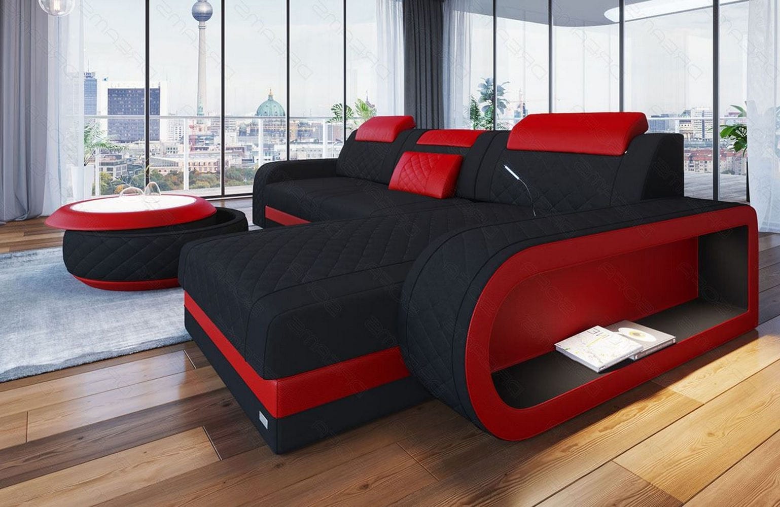 Stoffsofa Berlin L-Form Schwarz-Rot