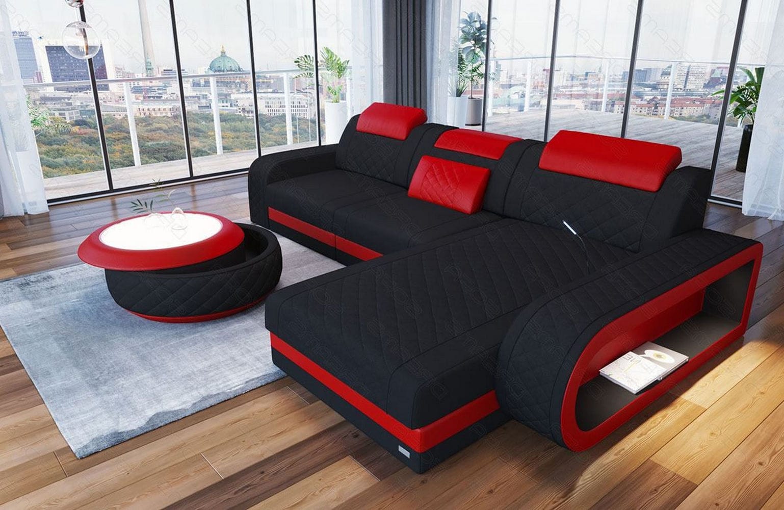 Stoffsofa Berlin L-Form Schwarz-Rot