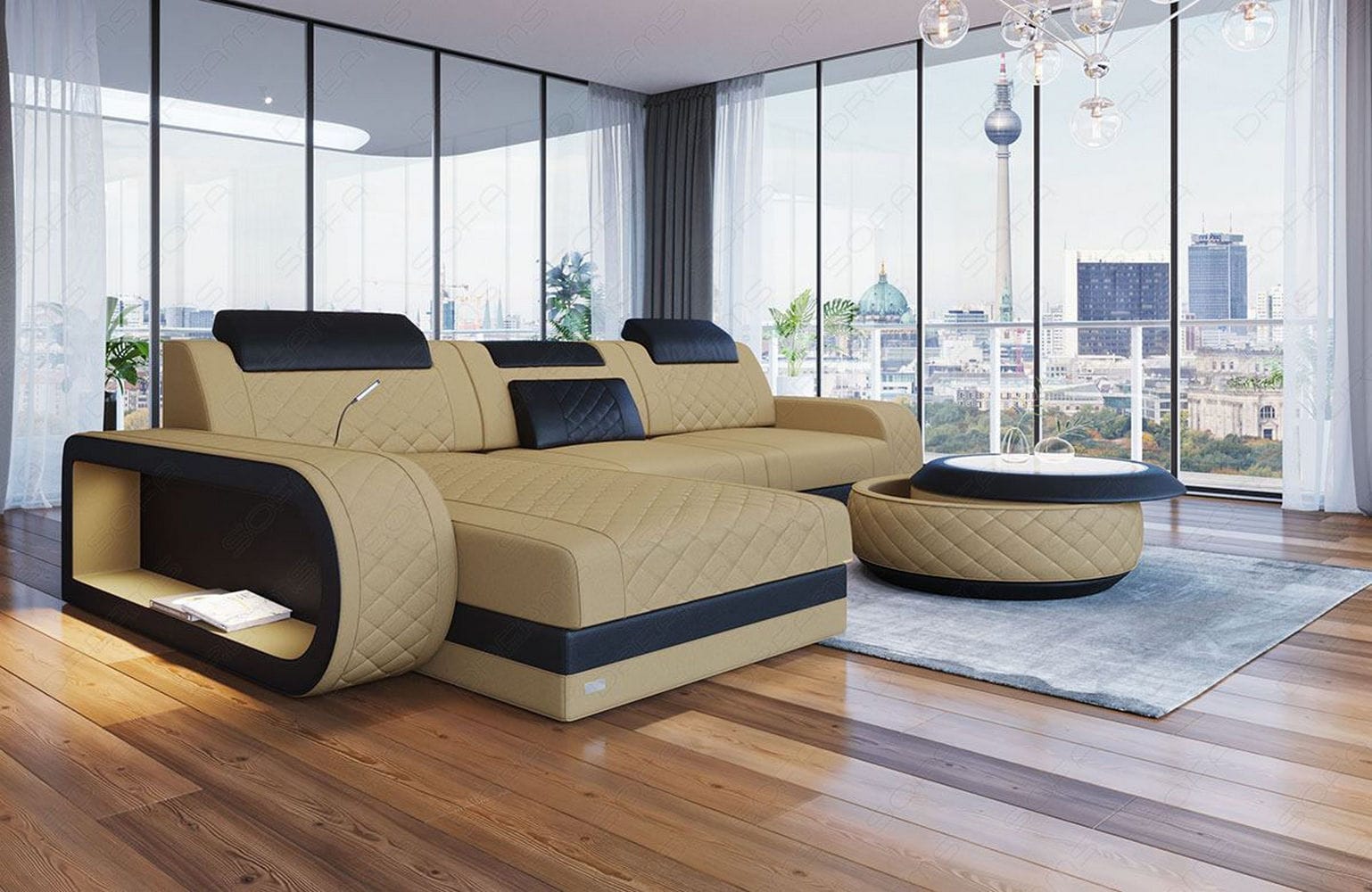Stoffsofa Berlin L-Form Beige-Schwarz