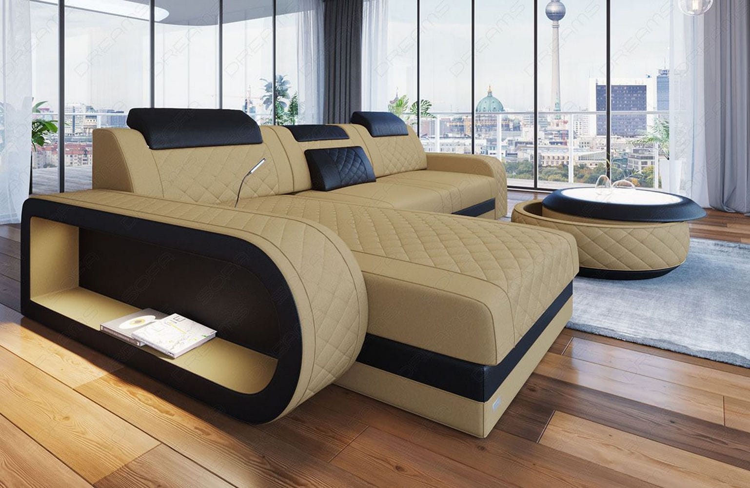 Stoffsofa Berlin L-Form Beige-Schwarz