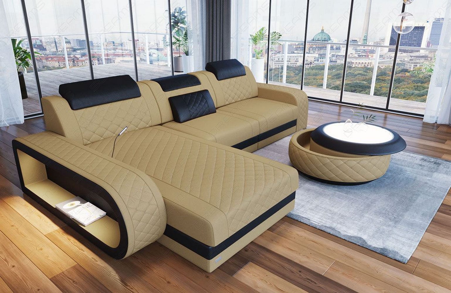 Stoffsofa Berlin L-Form Beige-Schwarz