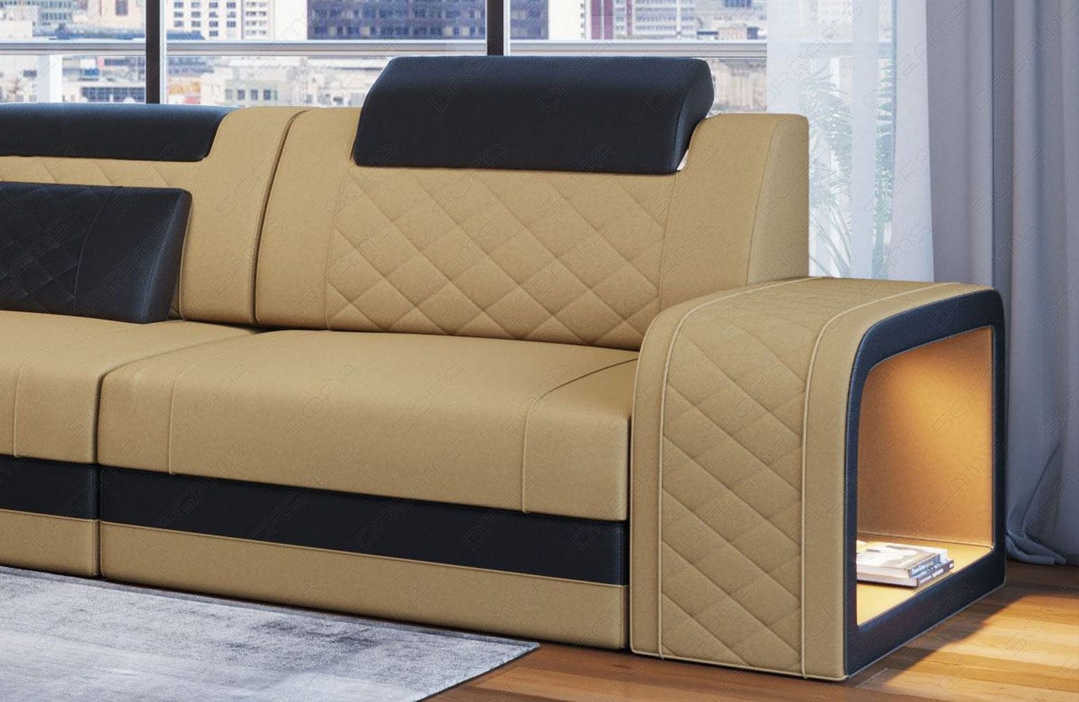 Stoffsofa Berlin L-Form Beige-Schwarz