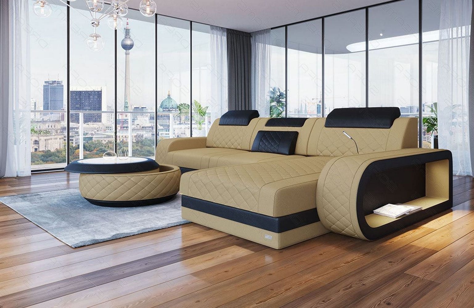 Stoffsofa Berlin L-Form Beige-Schwarz