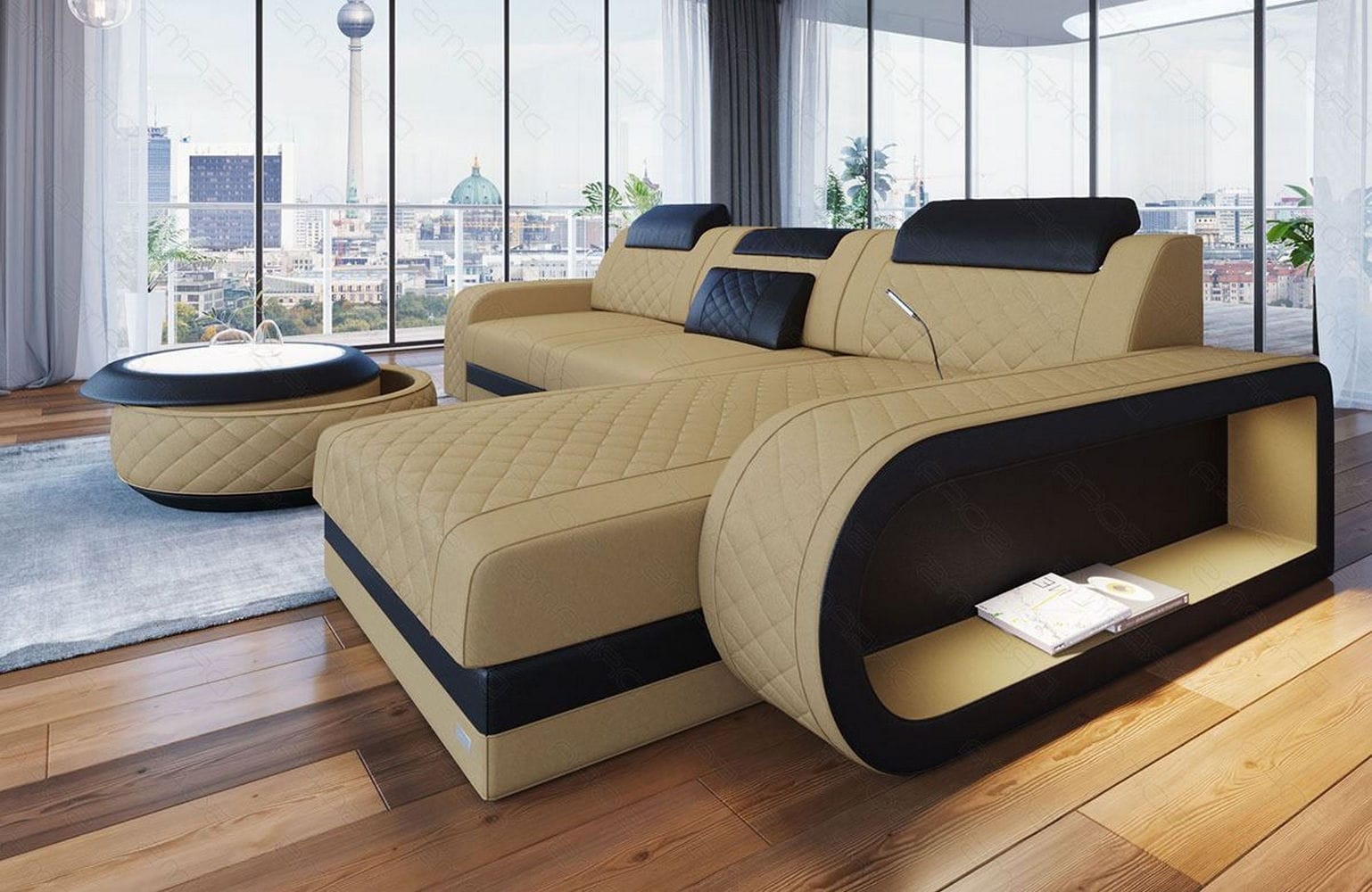 Stoffsofa Berlin L-Form Beige-Schwarz