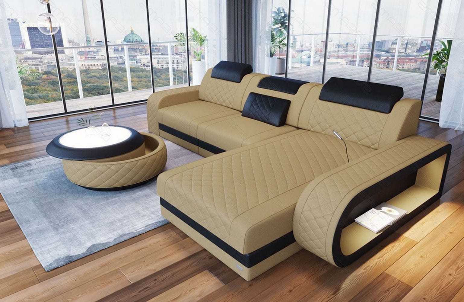 Stoffsofa Berlin L-Form Beige-Schwarz