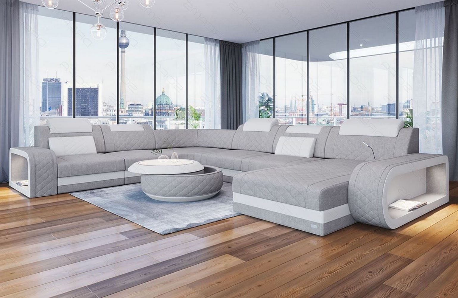 Wohnlandschaft Berlin XXL Stoffbezug Elfenbein-Weiß