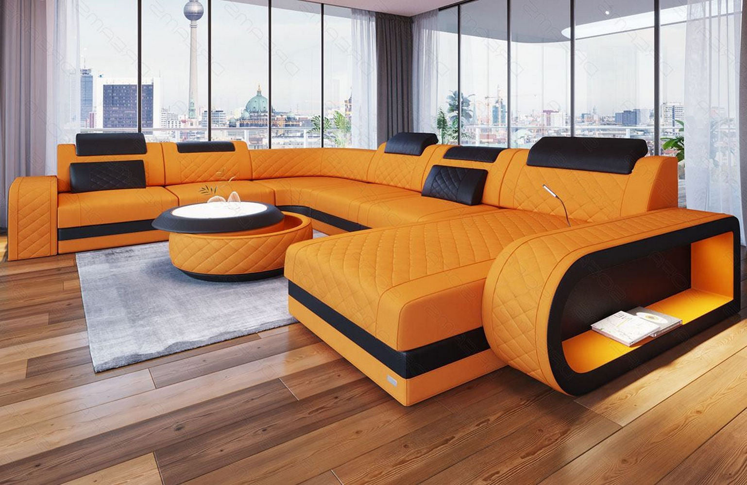 Wohnlandschaft Berlin XXL Stoffbezug Apricot-Schwarz