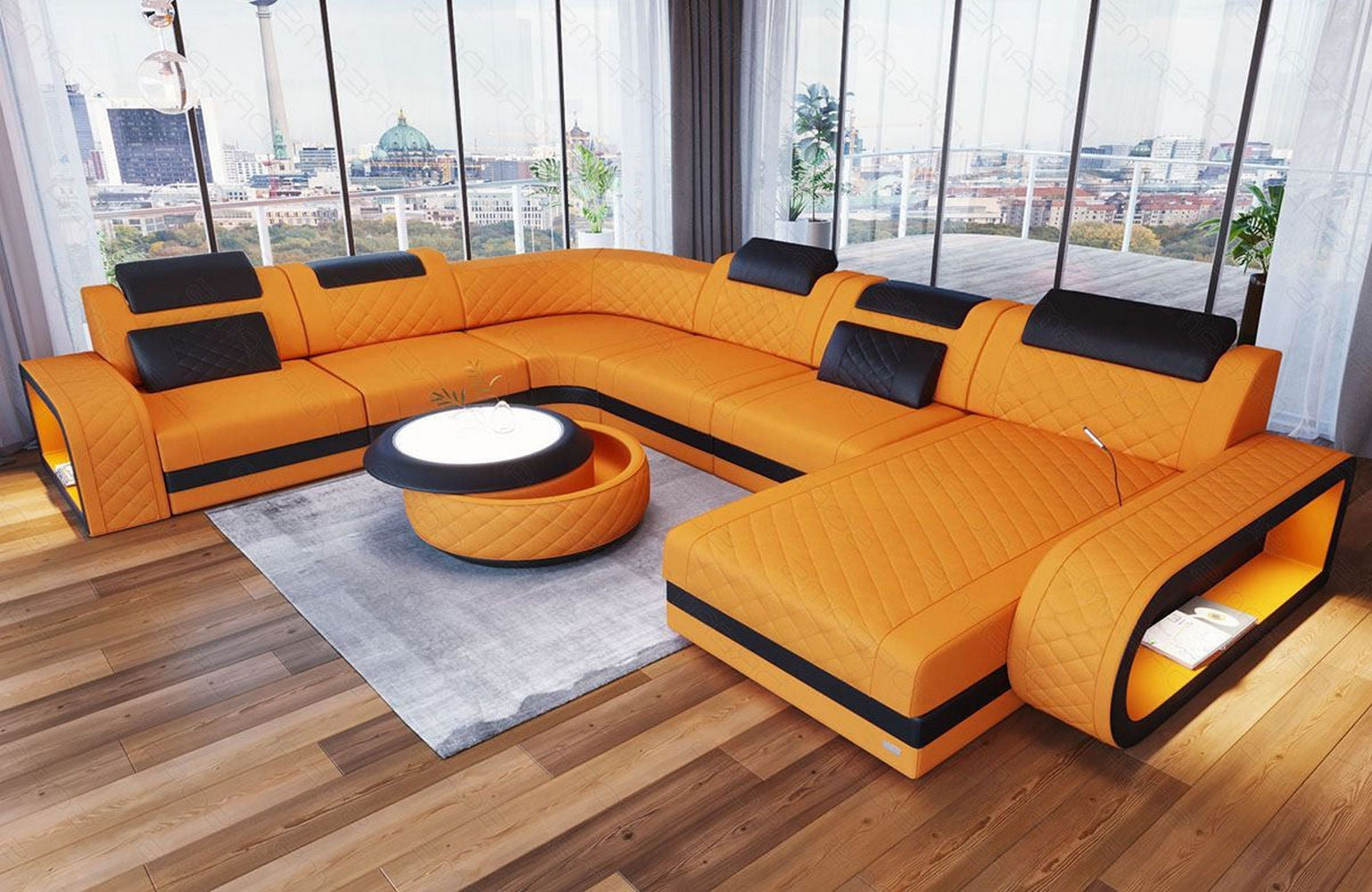 Wohnlandschaft Berlin XXL Stoffbezug Apricot-Schwarz