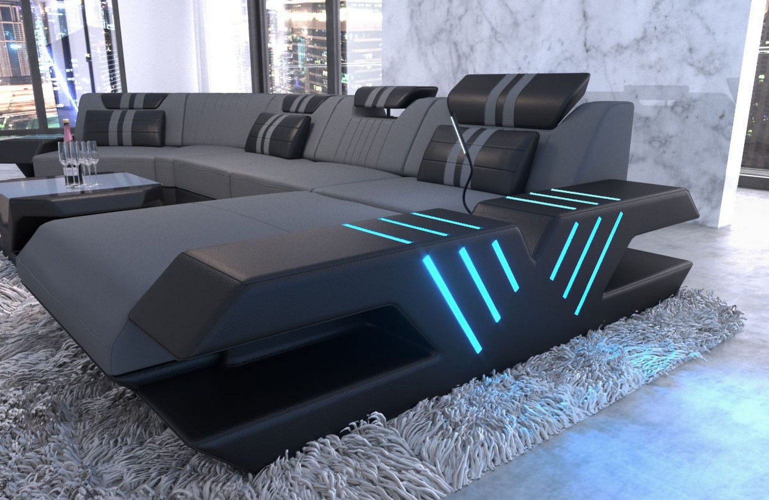 Polster Couch Venedig C-Form Grau-Schwarz