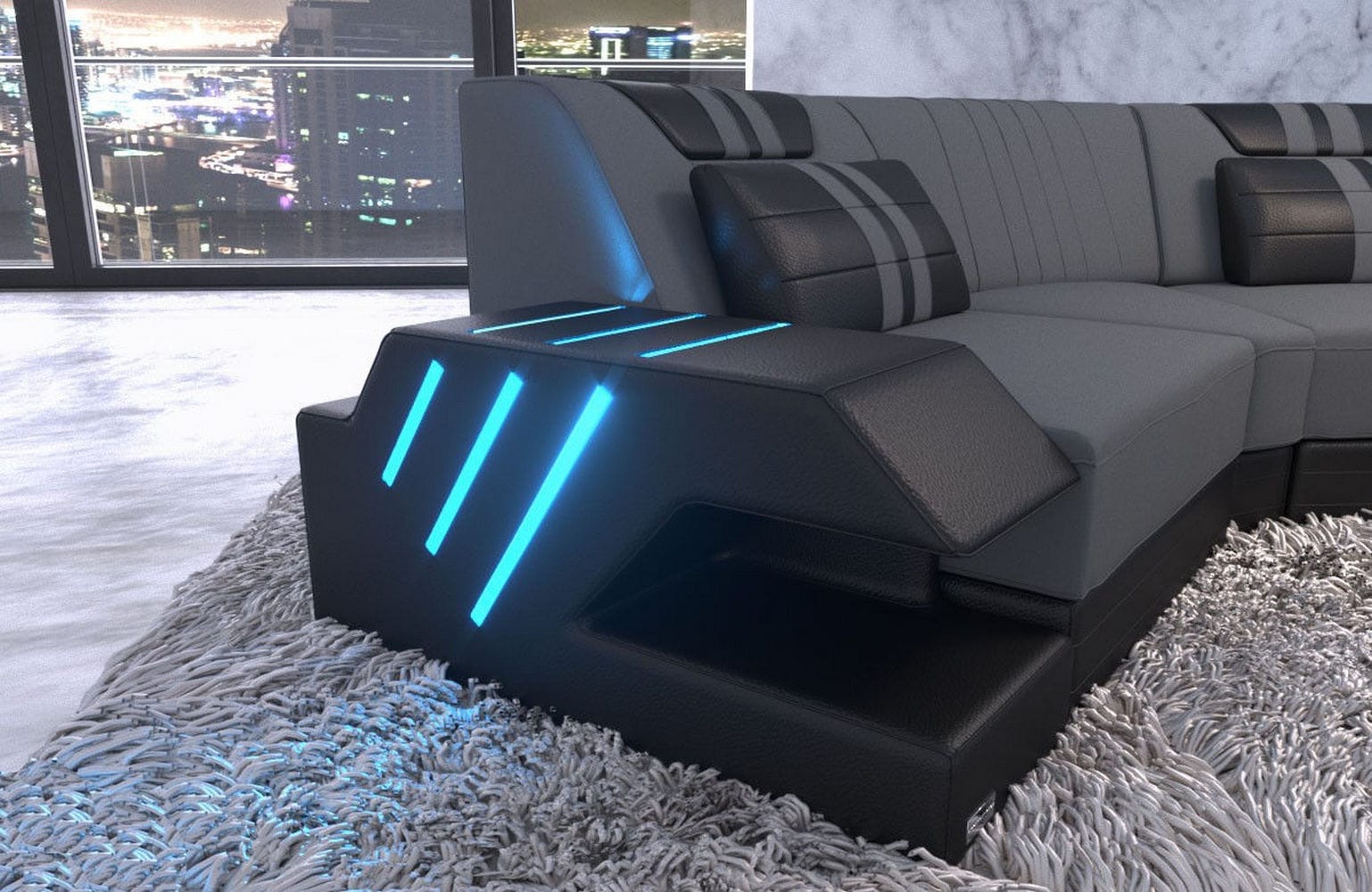 Polster Couch Venedig C-Form Grau-Schwarz