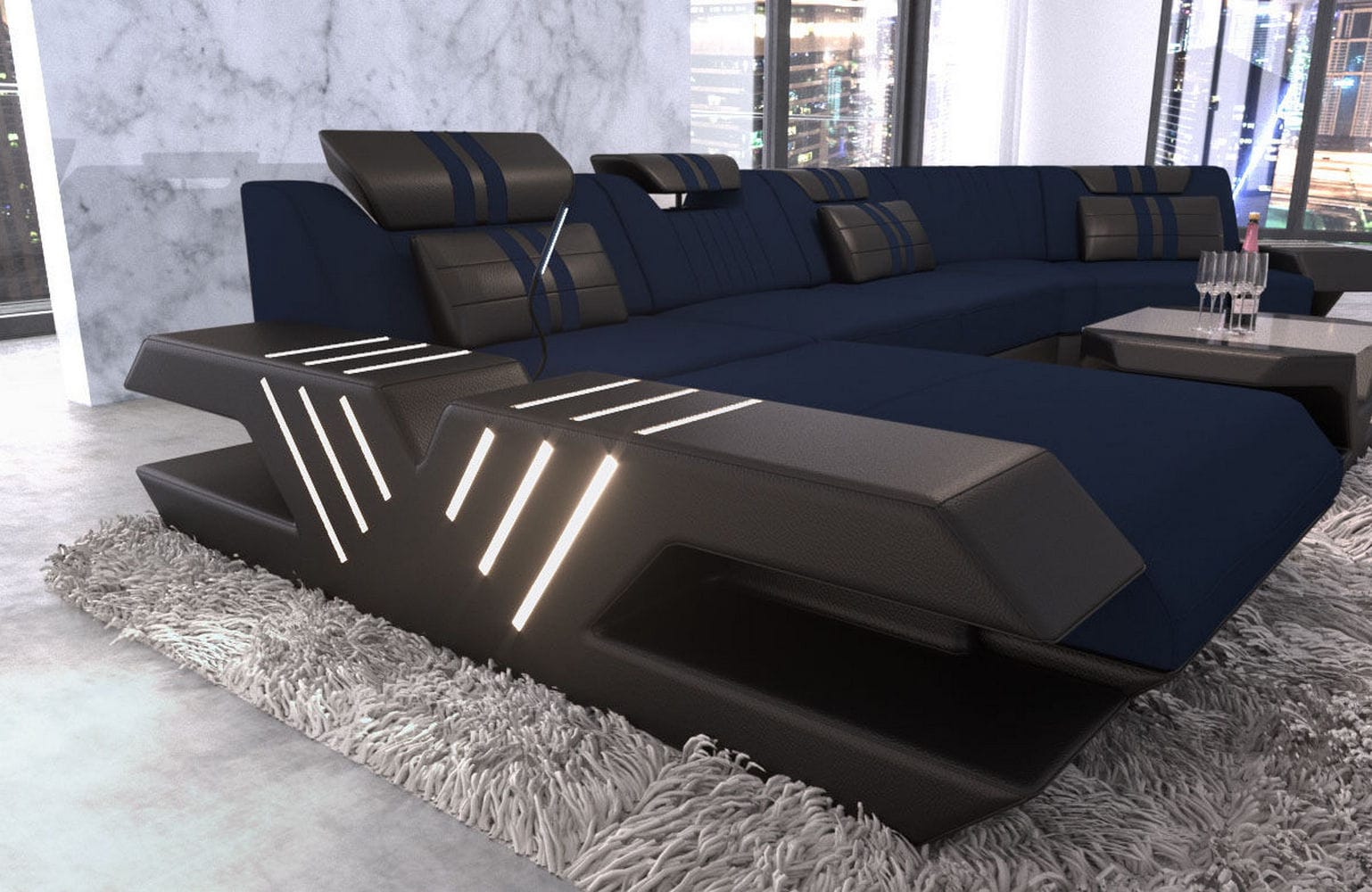 Polster Couch Venedig C-Form Dunkelblau-Schwarz