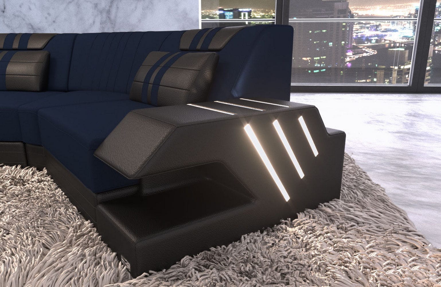Polster Couch Venedig C-Form Dunkelblau-Schwarz