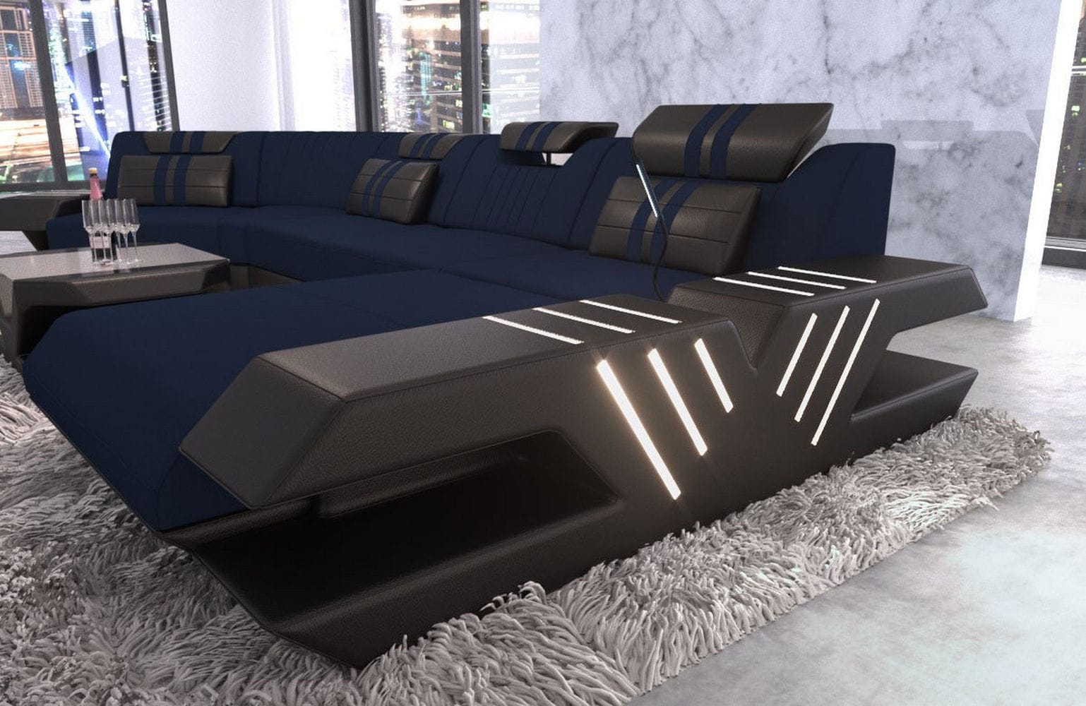 Polster Couch Venedig C-Form Dunkelblau-Schwarz
