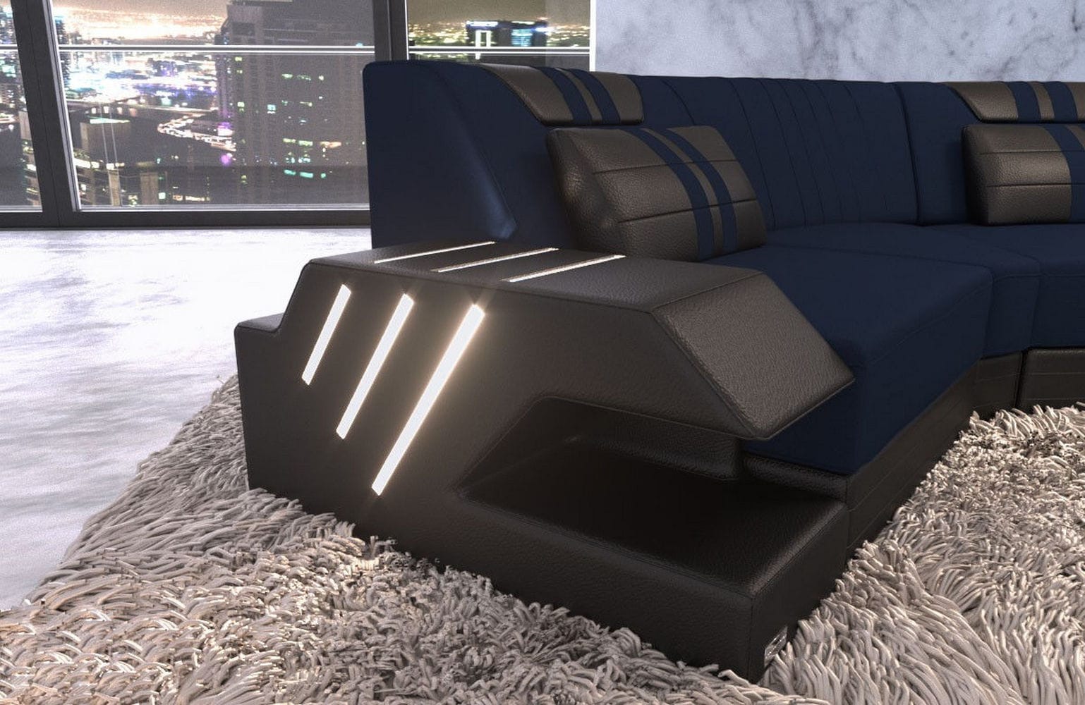Polster Couch Venedig C-Form Dunkelblau-Schwarz