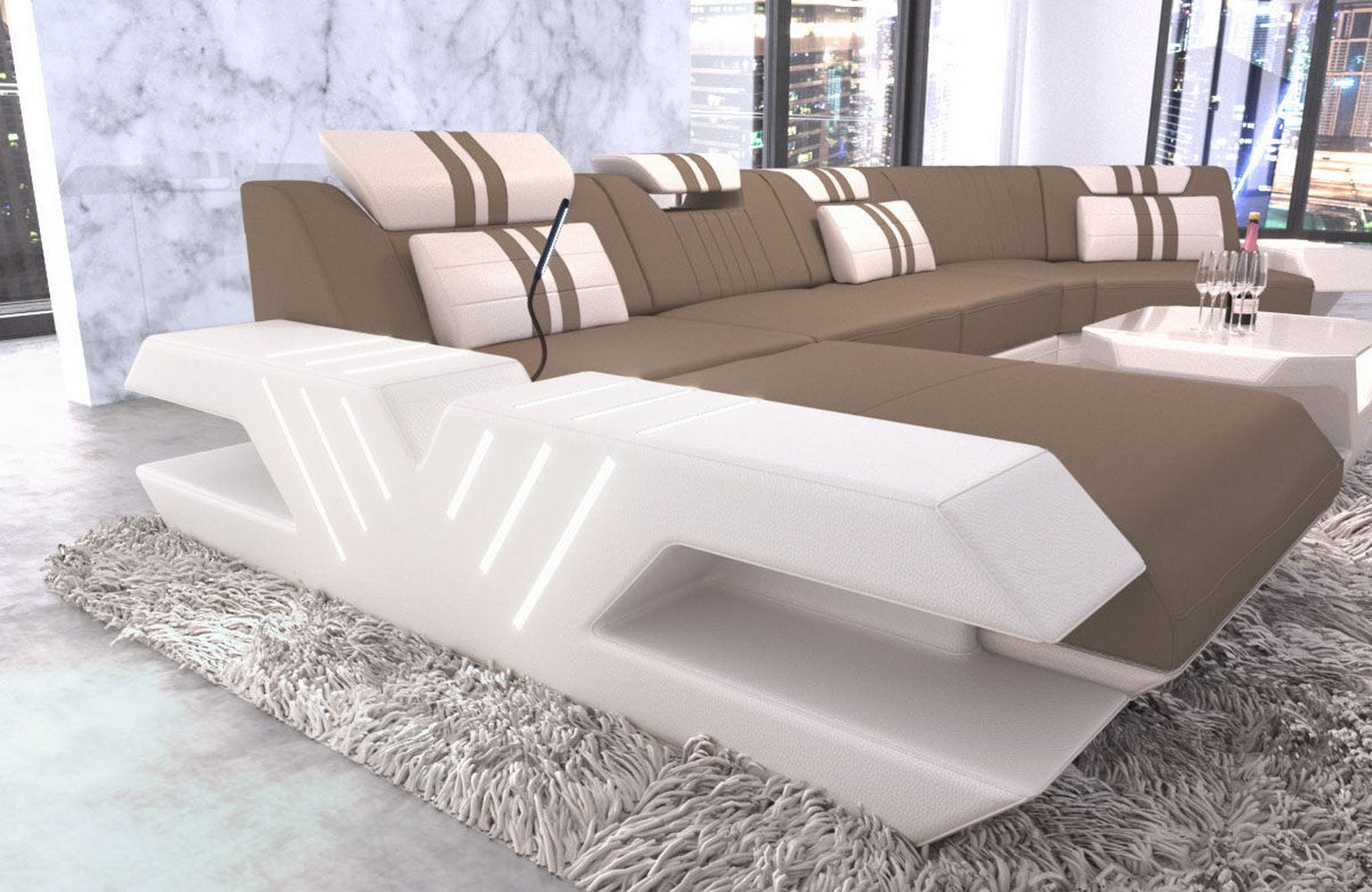 Polster Couch Venedig C-Form Taupe-Weiß