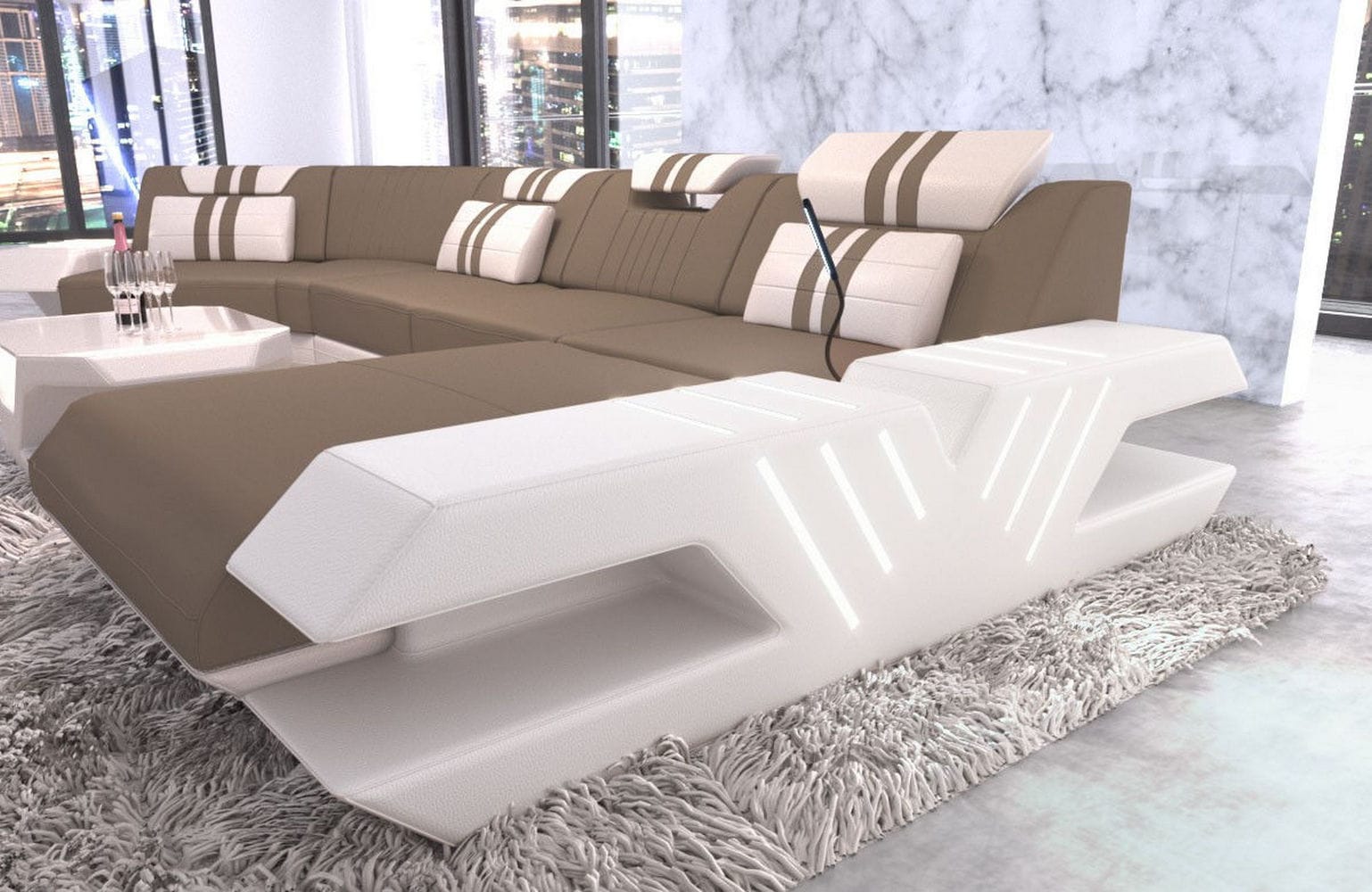Polster Couch Venedig C-Form Taupe-Weiß