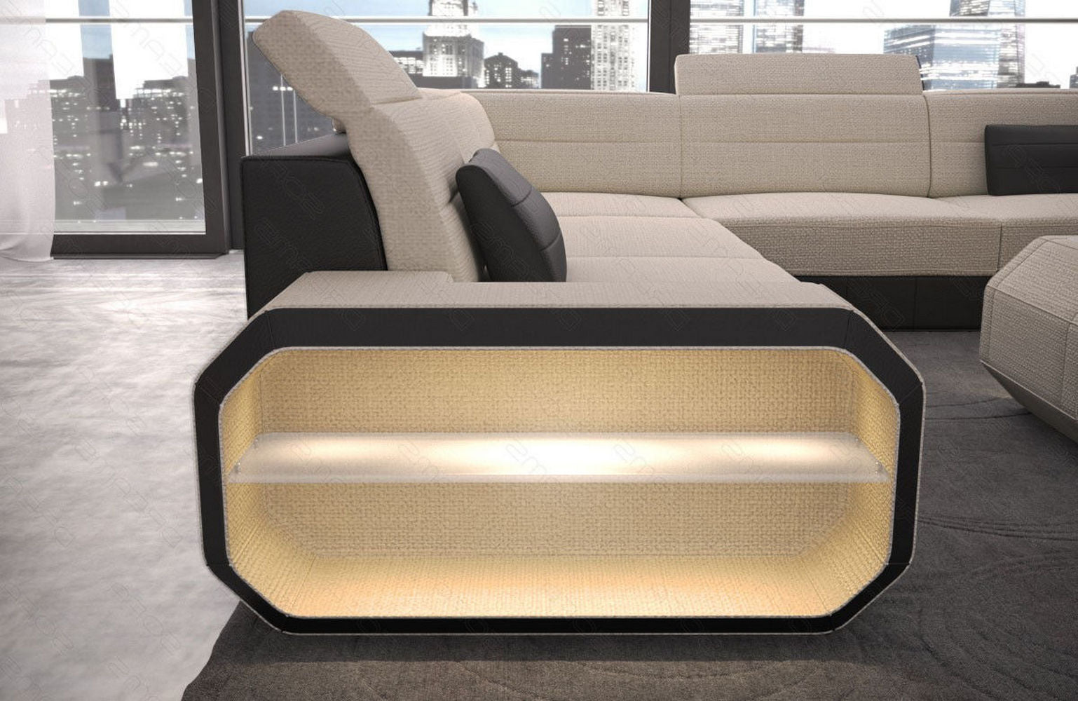 Stoff Wohnlandschaft Verona U-Form Elfenbein-Schwarz