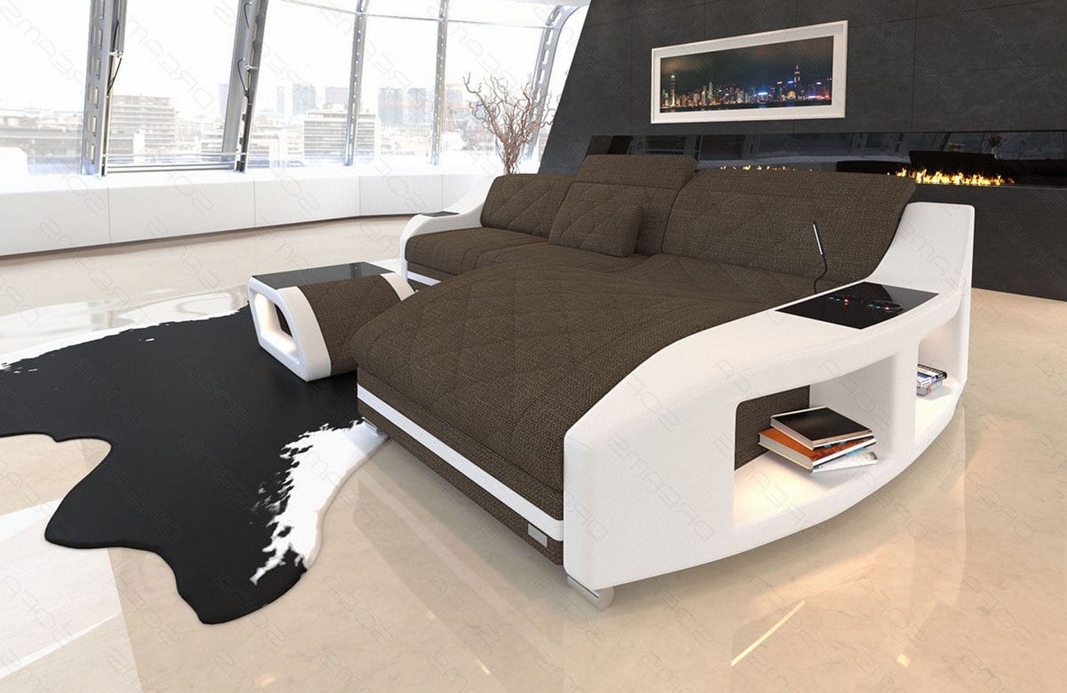 Couch Swing L-Form in Stoff Braun-Weiß