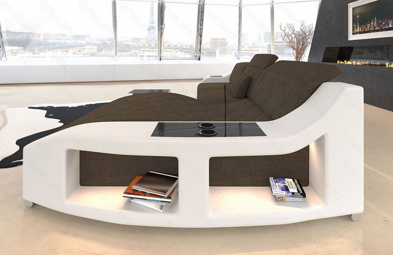 Couch Swing L-Form in Stoff Braun-Weiß