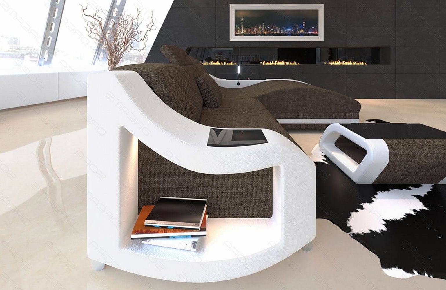 Couch Swing L-Form in Stoff Braun-Weiß