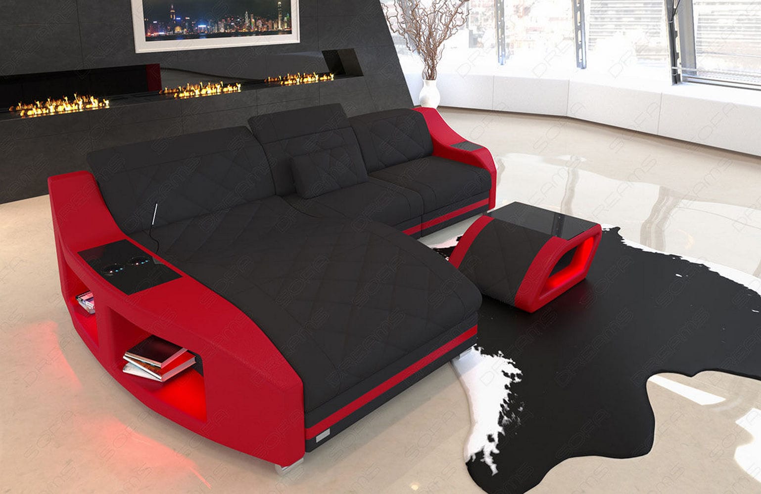 Couch Swing L-Form in Stoff Schwarz-Rot