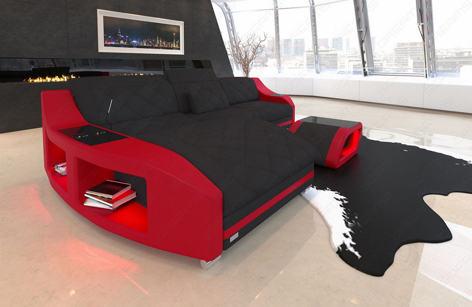 Couch Swing L-Form in Stoff Schwarz-Rot