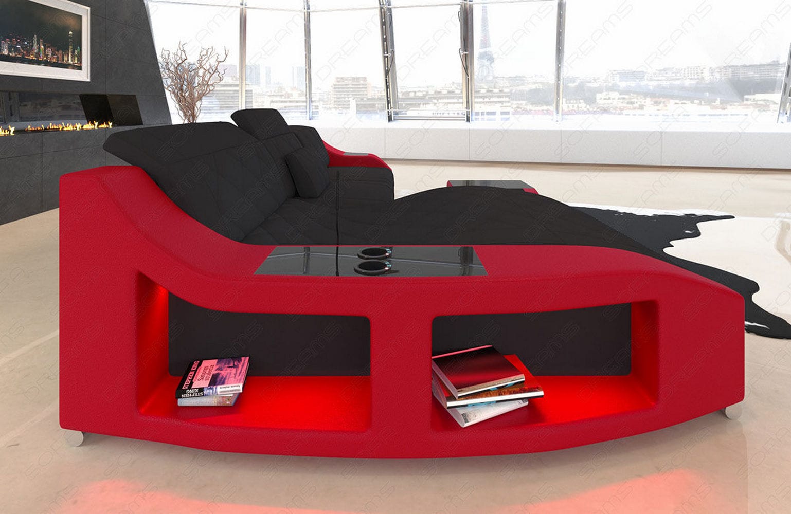 Couch Swing L-Form in Stoff Schwarz-Rot