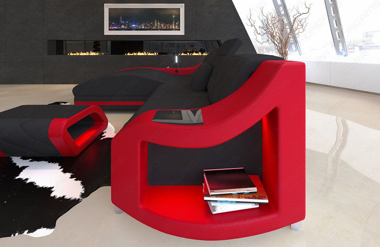 Couch Swing L-Form in Stoff Schwarz-Rot