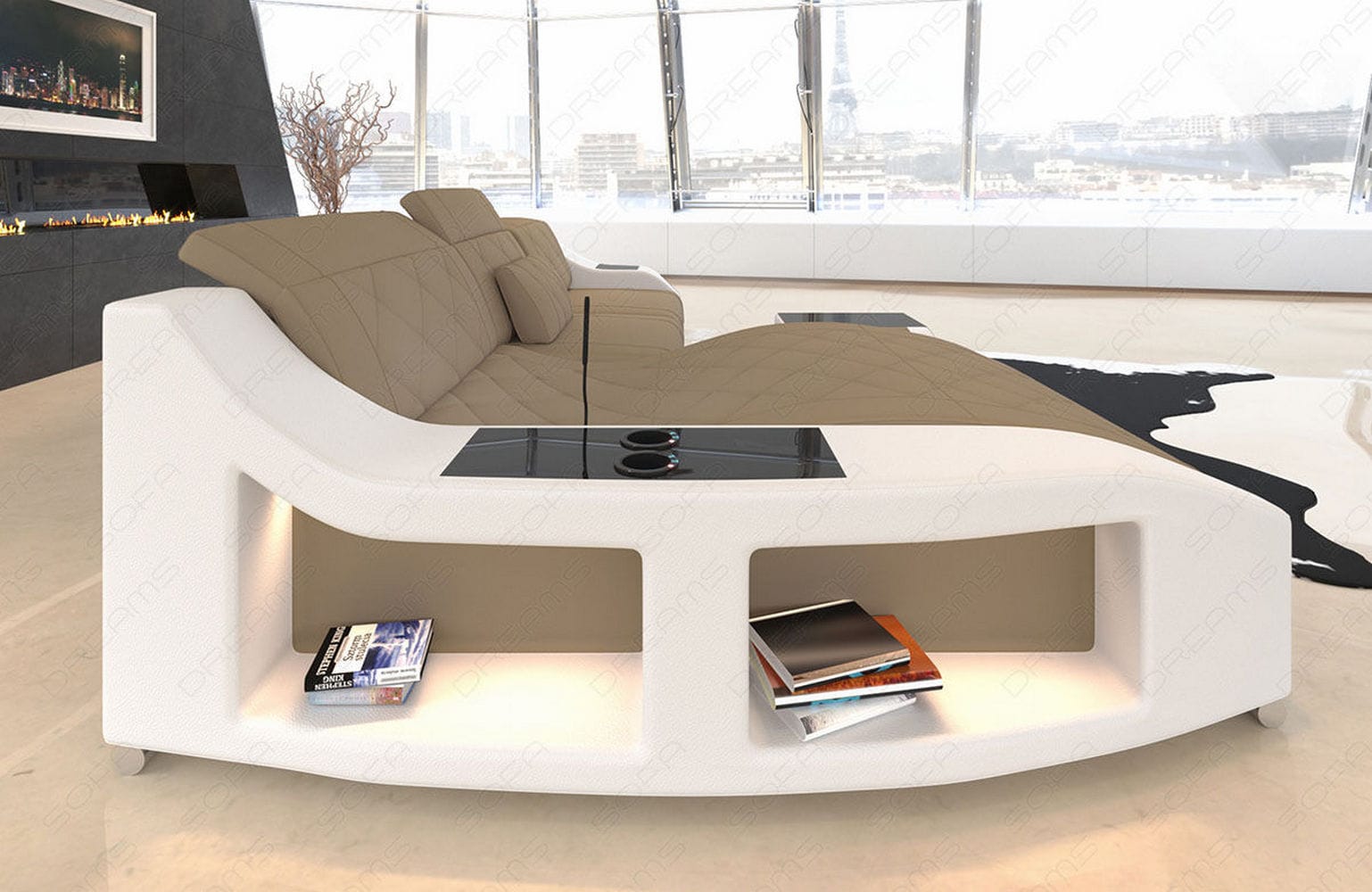 Stoff Ecksofa Polsterecke Swing L Form Cappuccino-Weiß